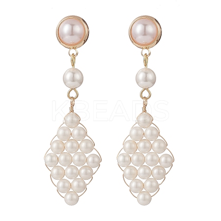 Shell Pearl & Plastic Braided Rhombus Dangle Stud Earrings EJEW-TA00166-1