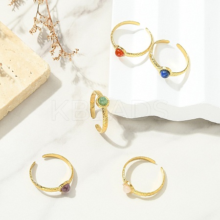 Gemstone Round 304 Stainless Steel Cuff Open Rings for Women RJEW-JR01063-1