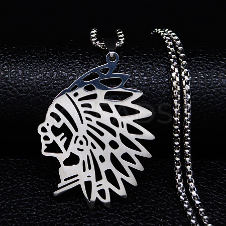 201 Stainless Steel Hollow Cut American Indian Chief Pendant Necklaces NJEW-H065-13P-1