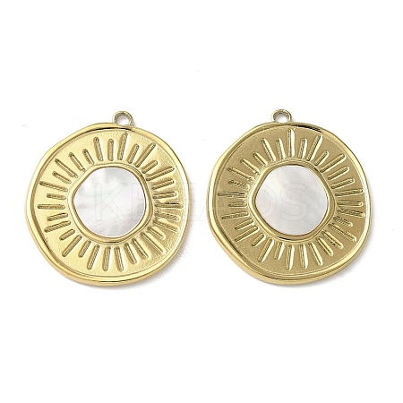 Flat Round 304 Stainless Steel Natural Paua Shell/White Shell Pendants Ion Plating(IP) STAS-U037-10G-02-1