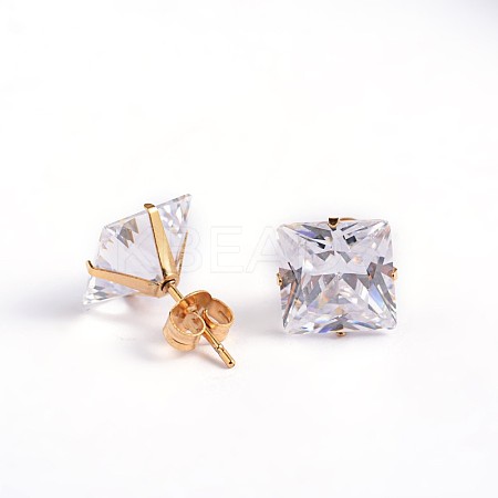 Square Cubic Zirconia Stud Earrings EJEW-H306-08G-6mm-1