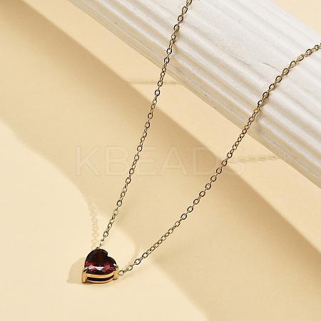 304 Stainless Steel Dark Red Cubic Zirconia Heart Pendant Necklaces for Women NJEW-Z064-04G-1