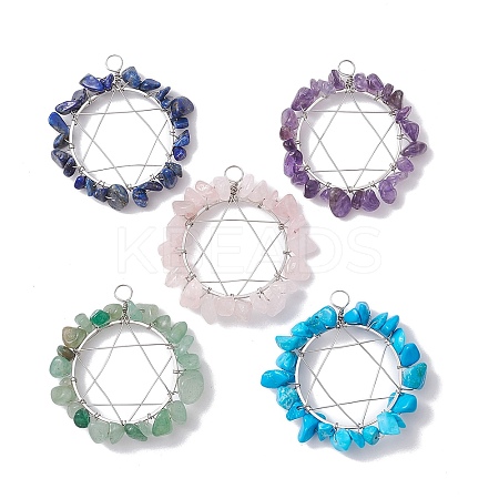 5Pcs 5 Styles Natural & Synthetic Mixed Gemstone Chip Copper Wire Wrapped Pendants PALLOY-JF02549-02S-1