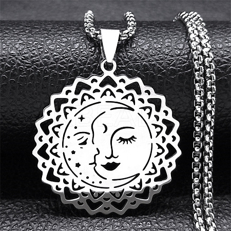 201 Stainless Steel Hollow Moon Star Flower Pendant Necklaces for Women NJEW-K283-35P-1