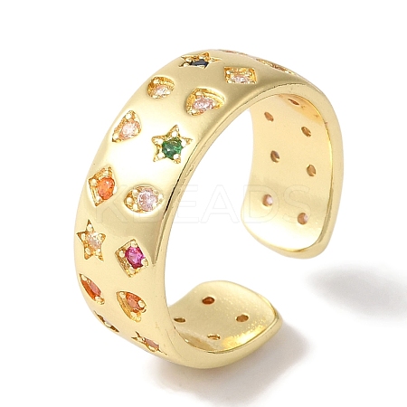 Brass Micro Pave Colorful Cubic Zirconia Star/Rhombus/Heart Wide Open Cuff Rings for Women LS-RJEW-C098-31G-1