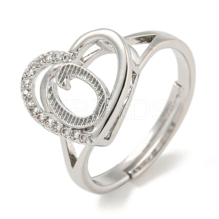 Heart with Letter Rack Plating Brass Micro Pave Cubic Zirconia Adjustable Rings for Women RJEW-I105-06P-O-1