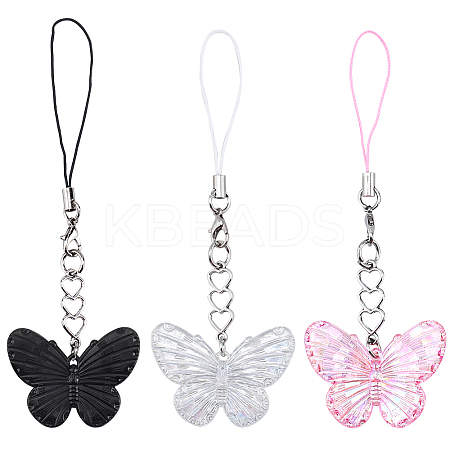 6Pcs 3 Colors Butterfly Acrylic Mobile Straps AJEW-GF0009-11-1