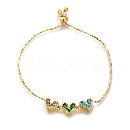 Rack Plating Brass Micro Pave Colorful Cubic Zirconia Box Chain Heart Link Slider Bracelets BJEW-H614-01G-01-1