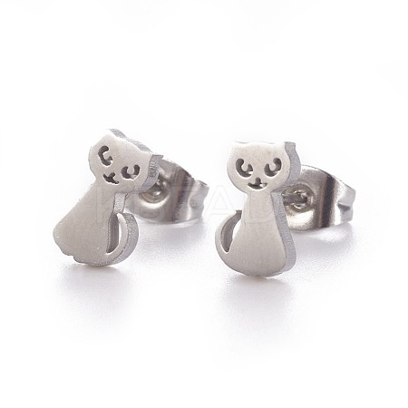 Tarnish Resistant 304 Stainless Steel Kitten Stud Earrings EJEW-F227-11P-1