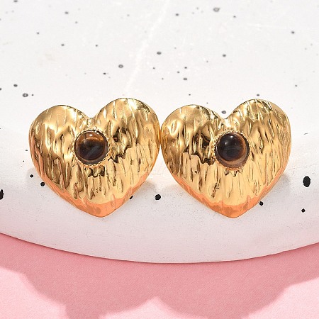 304 Stainless Steel Tiger Eye Stud Earrings EJEW-V016-03G-1
