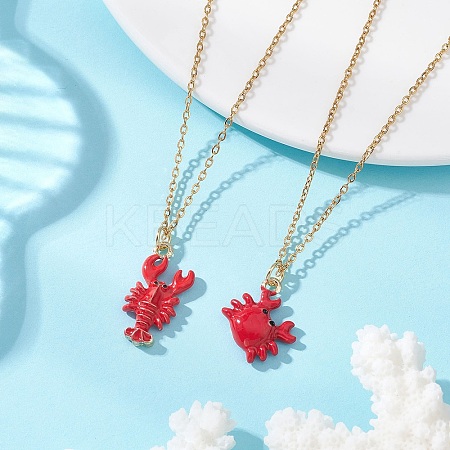2Pcs 2 Styles Ocean Red Crab & Lobster Alloy Enamel Pendant 304 Stainless Steel Cable Chain Necklaces NJEW-JN05884-1