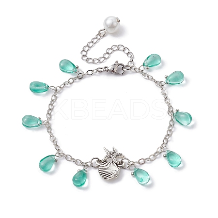 Alloy Starfish Scallop Shell Shape with Glass Teardrop Charm Bracelets BJEW-JB09983-02-1
