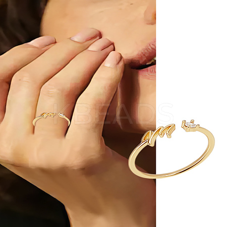 1Pc Letter Brass Rhinestone Open Cuff Rings for Women AJEW-LP0004-47M-G-1