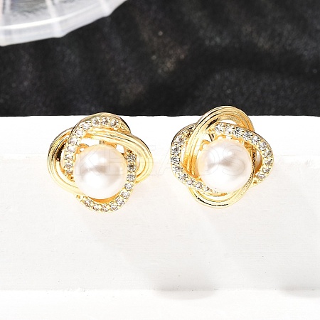 Flower Brass Micro Pave Clear Cubic Zirconia Stud Earrings EJEW-A135-23G-1