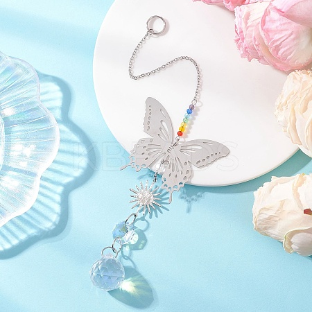 Glass Beads & 201 Stainless Steel Butterfly Hanging Suncatchers HJEW-JM04761-01-1