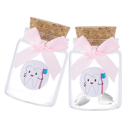 2Pcs Column Transparent Glass Baby Girl Teeth Empty Cork Bottles with Bowknot and Plastic Tooth Picture Stickers AJEW-NB00015-1