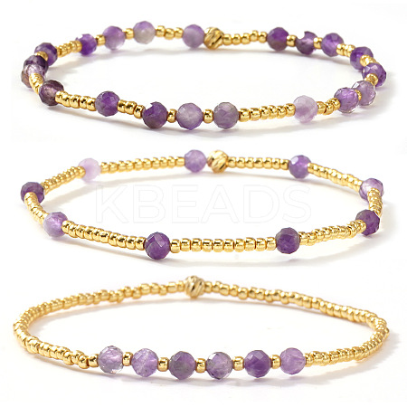 3Pcs 3 Styles Natural Amethyst & Brass Beads Stretch Bracelets fore Women JB5530-1-1