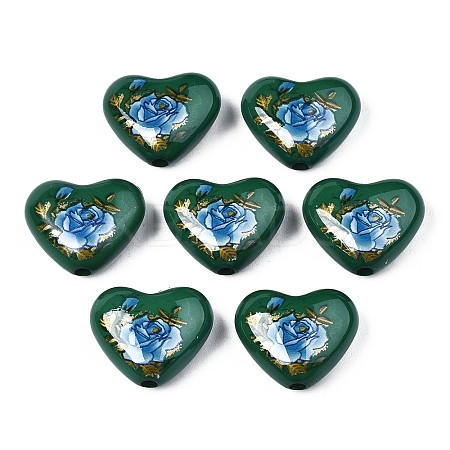 Flower Printed Opaque Acrylic Heart Beads SACR-S305-28-N02-1