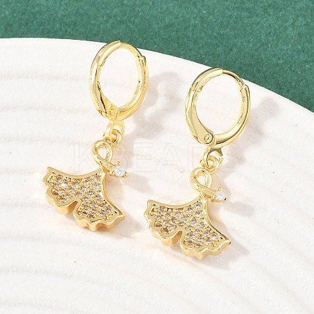 Leaf Brass Micro Pave Clear Cubic Zirconia Hoop Earrings EJEW-B154-01G-1