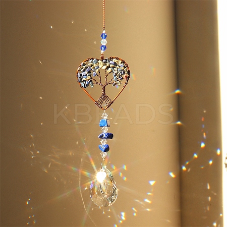 Natural Lapis Lazuli Chip Wrapped Heart with Tree of Life Hanging Ornaments PW-WG90532-09-1