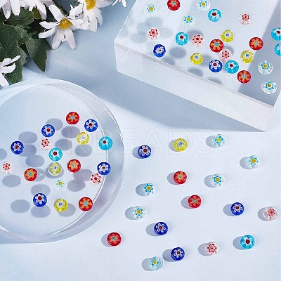 180Pcs 6 Colors Handmade Millefiori Glass Flat Round Bead Strands FIND-SC0003-60-1