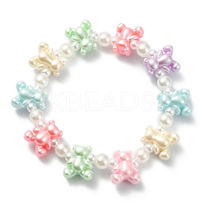 Cute Acrylic Bear & ABS Plastic Pearl Beaded Stretch Kids Bracelets BJEW-JB09475-1