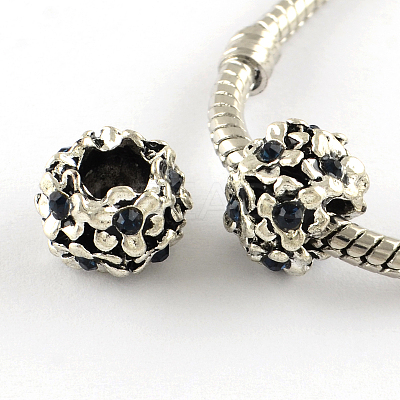 Antique Silver Plated Alloy Rhinestone Flower Large Hole European Beads X-MPDL-R041-04F-1