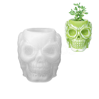 No Hearing Halloween Skull DIY Vase Statue Silicone Molds WG43758-01-1