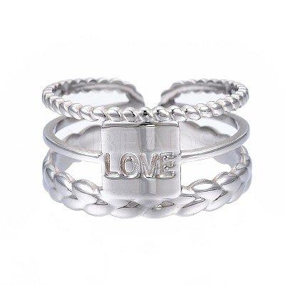 Non-Tarnish 304 Stainless Steel Rectangle with Word Love Open Cuff Ring RJEW-T023-39P-1