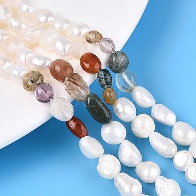 Natural Mixed Gemstone Nuggets & Natural Cultured Freshwater Pearl Beads Strands PEAR-N023-01A-12-1