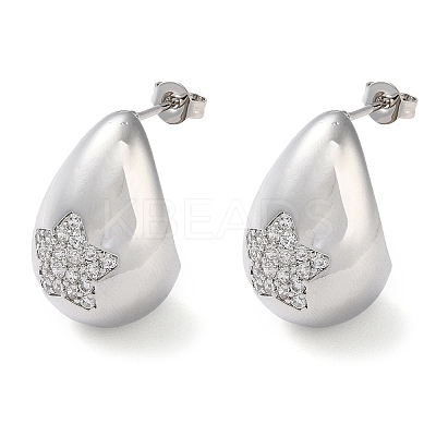 Teardrop with Star Brass Micro Pave Clear Cubic Zirconia Stud Earrings EJEW-A034-03P-1