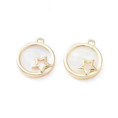 Rack Plating Brass Flat Round Charms with Shell KK-A183-46G-1