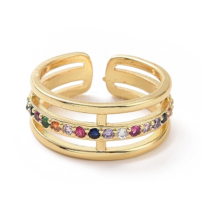 Colorful Cubic Zirconia Triple Line Open Cuff Ring RJEW-I093-01G-1