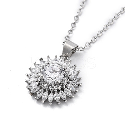 Brass Clear Cubic Zirconia Flower Pendant Necklaces LS-NJEW-C077-01P-1