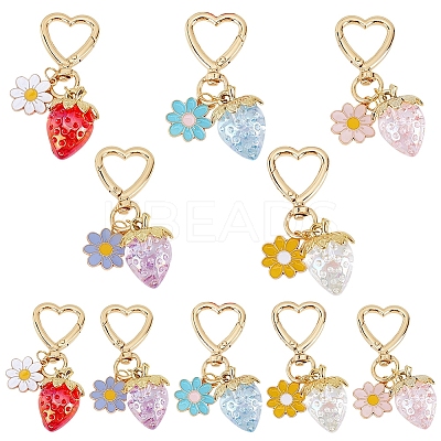 10Pcs 5 Colors Acrylic Strawberry & Alloy Enamel Flower Pendant Decorations HJEW-WR00003-1