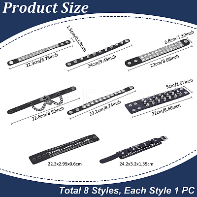 8Pcs 8 Styles PU Leather Cord Rivets Bracelets for Men BJEW-UN0001-61-1