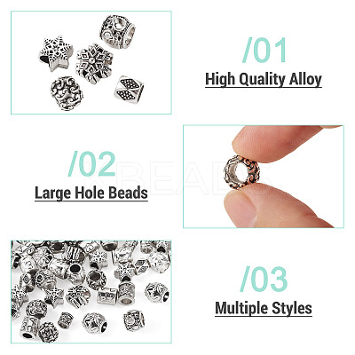 100Pcs 10 Styles Tibetan Style Alloy European Beads FIND-PJ0001-36-1