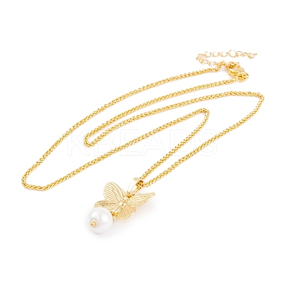 Butterfly Rack Plating Brass ABS Pearl Pendant Necklaces NJEW-S423-03G-1