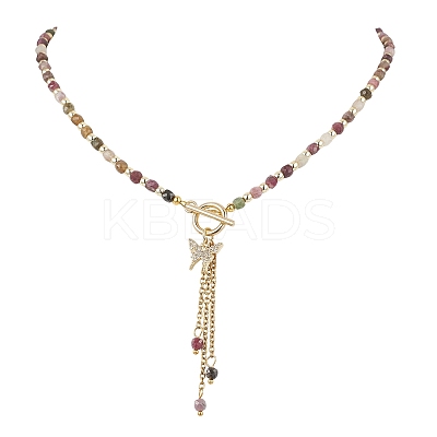 Natural Multicolor Tourmaline Faceted Cube Beaded Brass Micro Pave Clear Cubic Zirconia Butterfly Pendant OT Lariat Necklaces for Women NJEW-JN05807-1