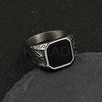 304 Stainless Steel with Natural Black Agate Finger Rings FS-WG06E27-23-1