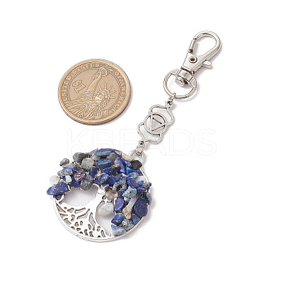 Natural Lapis Lazuli Chips Beads & Alloy Tree of Life Pendant Decorations HJEW-JM03128-02-1