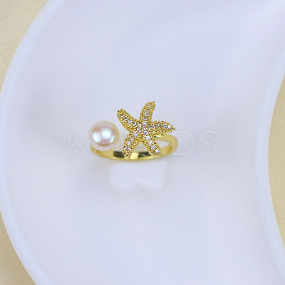 Natural Freshwater Pearl with Clear Cubic Zirconia Cuff Rings WGACE42-22-1