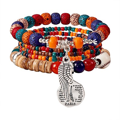 5Pcs 5 Style Wood & Glass Seed & Acrylic Beaded Stretch Bracelets Set with Baseball JB709B-1