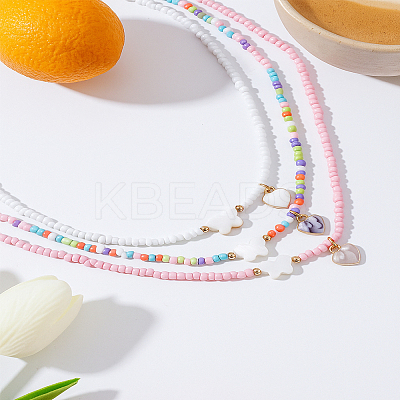 3Pcs 3 Colors Glass Seed & Butterfly Shell Bead Necklaces NJEW-LP0007-28-1