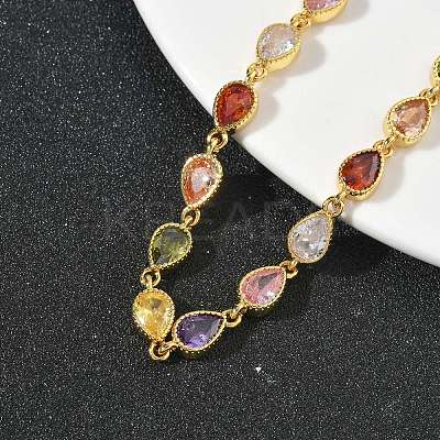 Teardrop Brass Pave Cubic Zirconia Link Chain Bracelets for Women BJEW-P385-06G-1