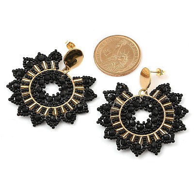 304 Stainless Steel & Bohemian Beaded Flower Dangle Stud Earrings for Women EJEW-R001-04A-1