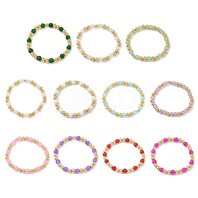 Brass & Glass Round Beaded Stretch Bracelets for Women BJEW-F515-01G-1