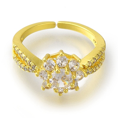 Rack Plating Flower Brass Micro Pave Clear Cubic Zirconia Open Cuff Rings for Women RJEW-H232-01G-1
