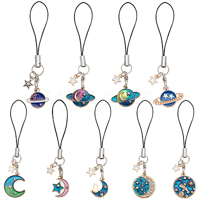 8pcs 8 style Cute Cartoon  Moon/Star/Planet Alloy Enamel Mobile Straps Lanyards HJEW-DR0001-01-1