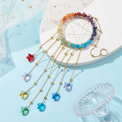 7 Chakra Wire Wrapped Gemstone Chip Ring with Star Pendant Decorations HJEW-ST00001-1